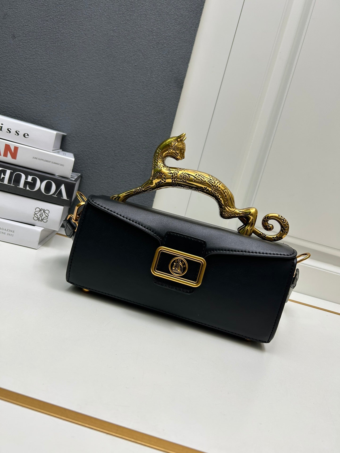 Midnight Cat Handle Leather Bag