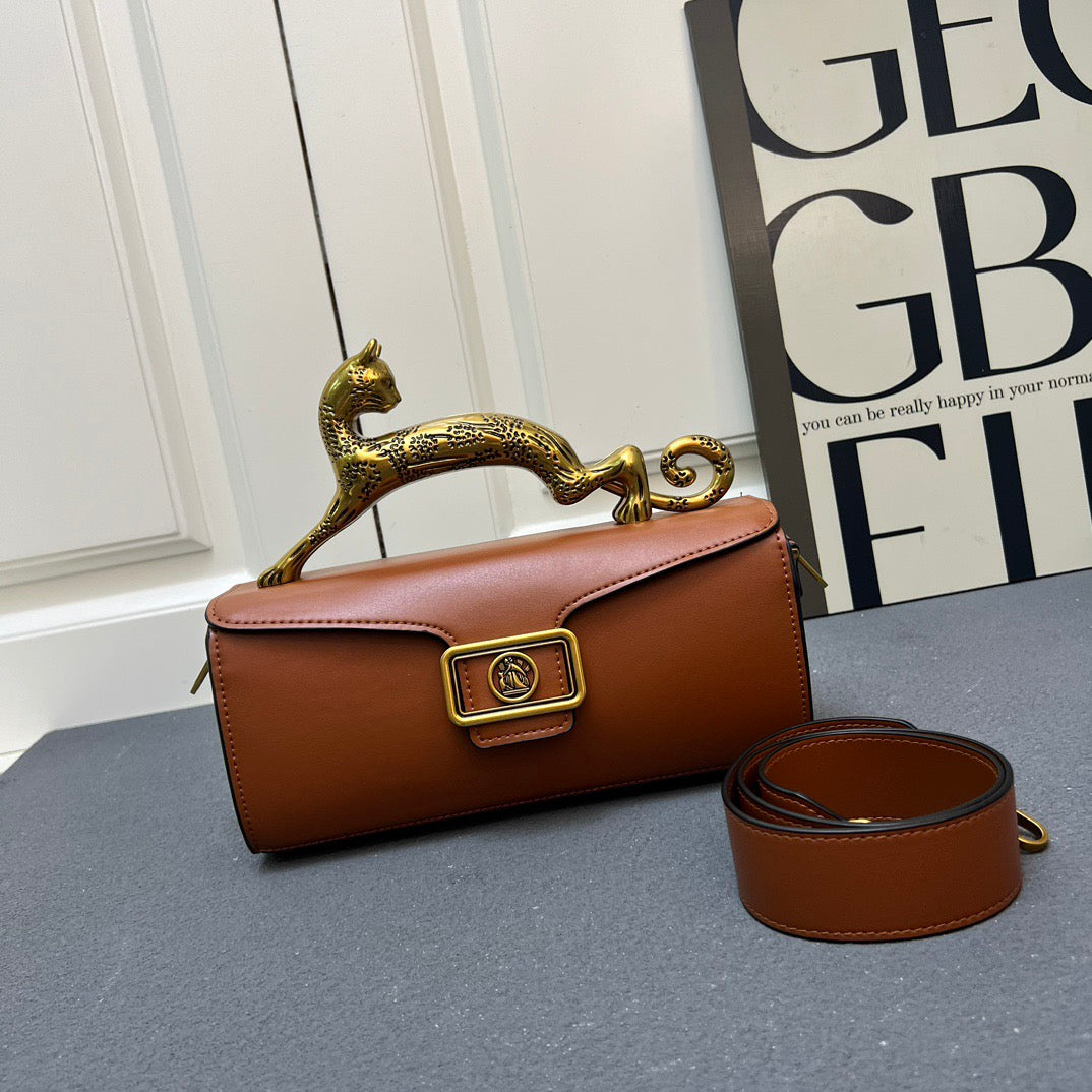 Midnight Cat Handle Leather Bag