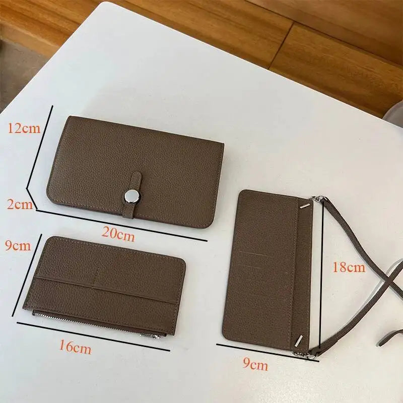 Brown pebbled leather wallet set shown on a white surface with overlaid dimension lines and measurements for three views: a long wallet, a zip-around card holder, and a wristlet with strap.