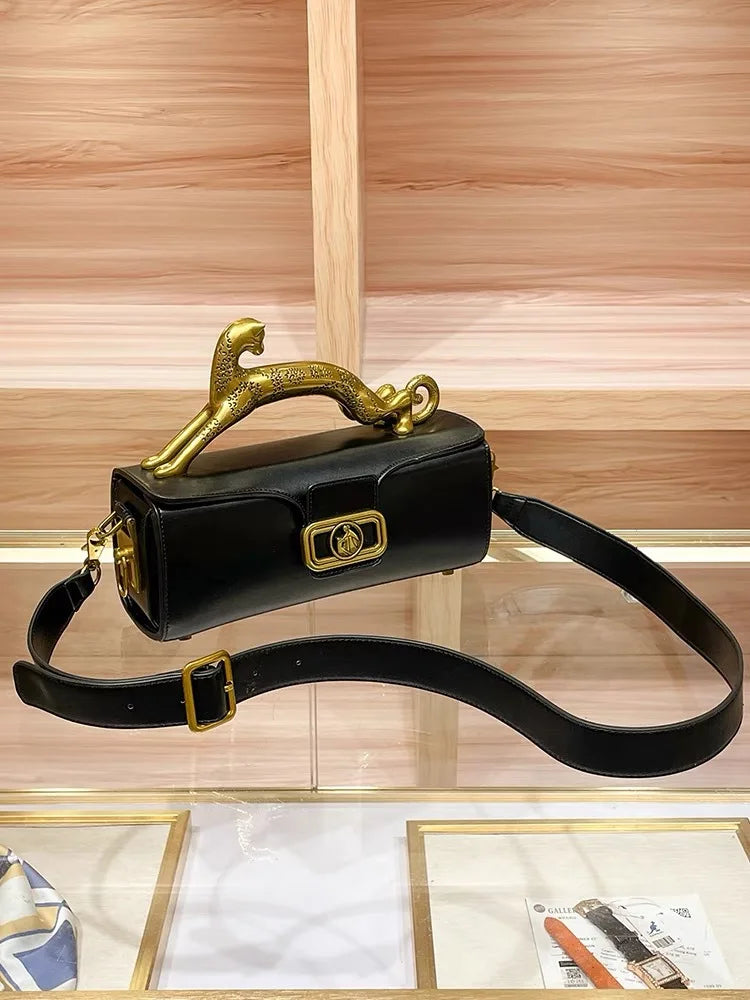 Midnight Cat Handle Leather Bag